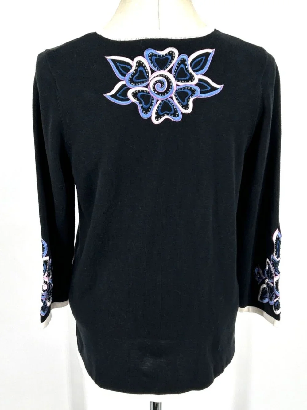 Bob Mackie Wearable Art Cardigan Sz S Sweater Black Embroidered Cut Out - Picture 5 of 7